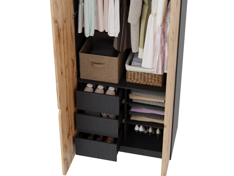  Armoire 4 portes avec penderie et 3 tiroirs 90x50x200 cm, effet chêne  - Conforama R