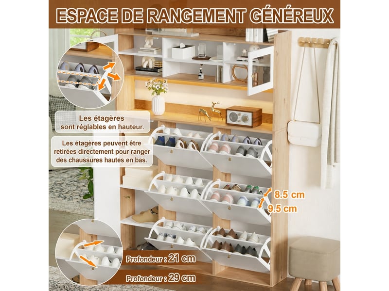  Meuble à chaussures étroit 130x25x180 cm, 6 abattants, 2 portes vitrées, led Fay Lum - Conforama B