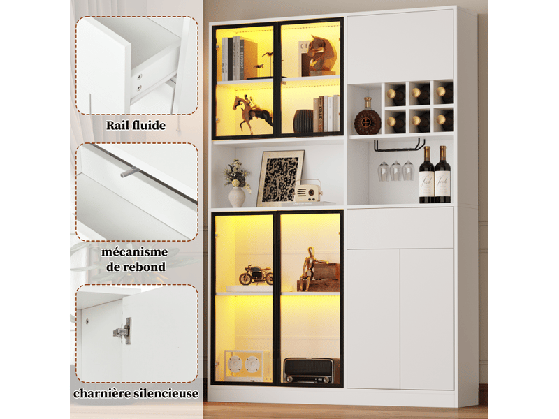  Vitrine 140x30x200 cm en panneau de particules, 7 portes dont 4 en verre trempé, led app, 1 tiroir, porte-verres et 9 niches - blanc  - Conforama E