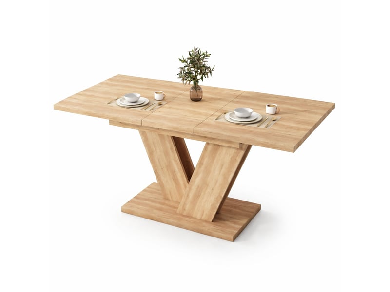  Table de salle à manger extensible rectangulaire pour 4 à 8 personnes avec plateau en mdf et piétement en v, chêne  - Conforama A