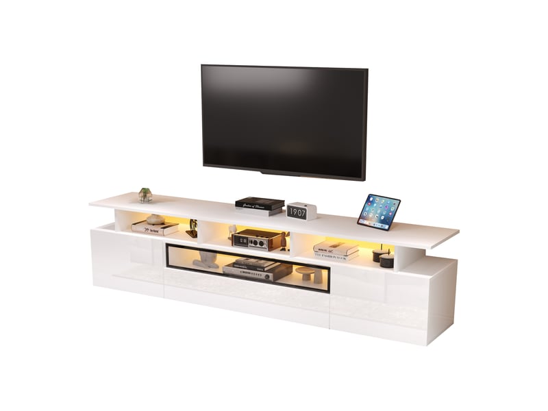  Meuble tv 180 cm blanc brillant avec led pour tv 75 pouces 2 portes 1 tiroir  - Conforama A