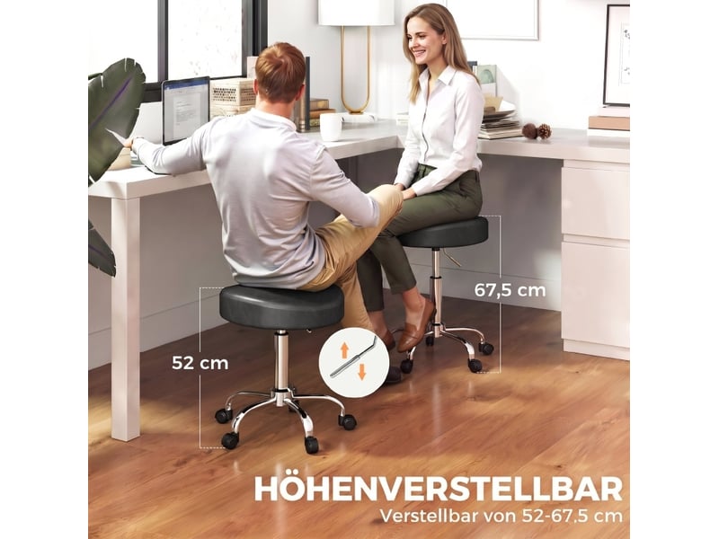  Tabouret de salon à roulettes noir en cuir régénéré, réglable de 52 à 67,5 cm, pivotant à 360° pour espaces compacts  - Conforama D