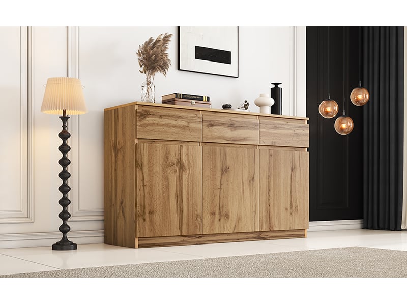 Buffet en bois avec 3 portes et 3 tiroirs, bahut pour salon ou salle à manger, finition bois naturel et poignées dissimulées - Conforama R
