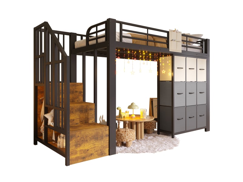  Lit mezzanine 90x200 cm avec tiroirs, penderie, garde-corps et escalier de rangement métal noir sans matelas  - Conforama A