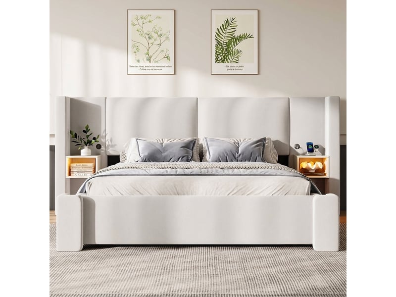  Lit coffre 140x200 beige capitonné avec led et rangement intégré sans matelas  - Conforama B