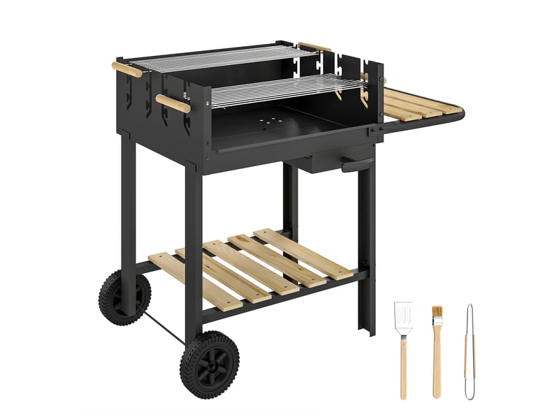  Chariot à barbecue de bois avec 2 grilles réglables, barbecue au charbon de bois sur roulettes, tablette latérale, noir  - Conforama B