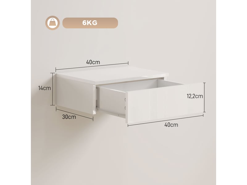  Lot de 2 tables de chevet murales 1 tiroir en panneau de particules blanc 40 x 30 x 14 cm  - Conforama C