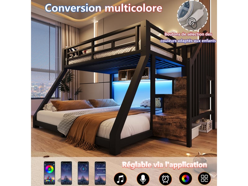  Lit superposé enfant avec led 90x200 +140x200cm, lit mezzanine 2 places lit superposé 2 places, cadre métal noir  - Conforama D