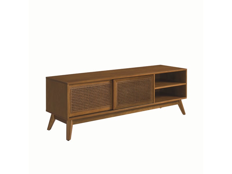 Meuble tv mid-century 150 cm noyer clair, portes en rotin, pour tv 65 pouces  - Conforama D