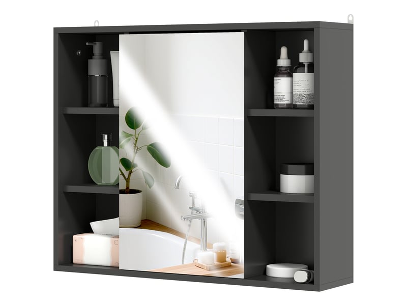 Meuble salle de bain avec miroir, placard à portes et 6 compartiments ouverts, 60 x 14,5 x 49,4 cm, noir  - Conforama B
