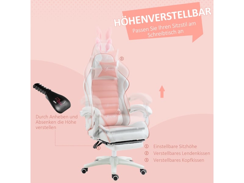  Chaise gamer rose avec oreilles de lapin, chaise ergonomique avec support lombaire et repose-pieds, hauteur réglable, 65x63x142 cm  - Conforama D