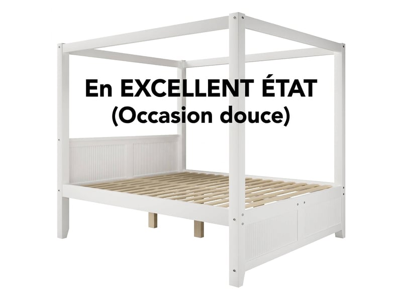  Lit à baldaquin 140x200 bois blanc avec toit décoratif et lattes verticales sans matelas  - Conforama E