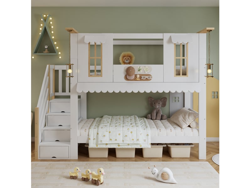  Lit superposé enfant 90x200 cm, rangement, escalier, fenêtres décoratives, structure mdf, blanc naturel, sans matelas  - Conforama D