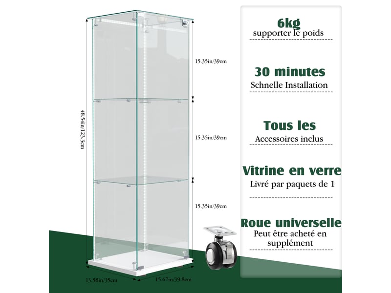  Vitrine en verre 3 niveaux simple porte - 39,8 x 35 x 123,5 cm - blanc - armoire d'exposition avec ruban led et base blanche  - Conforama D