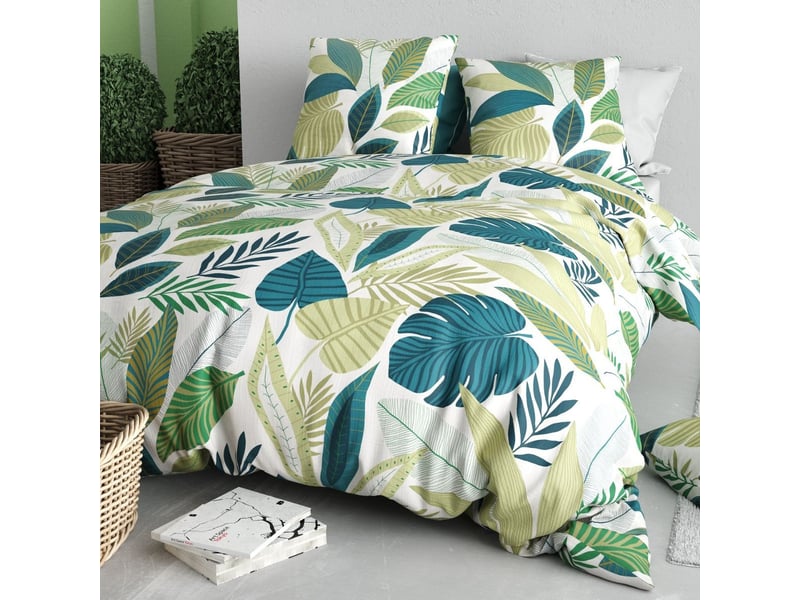  Parure housse de couette 260x240cm + 2 taies motif tropical vert et blanc 100% coton - pikilia PIKILIA - Conforama B