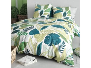 Parure housse de couette 260x240cm + 2 taies motif tropical vert et blanc 100% coton - pikilia