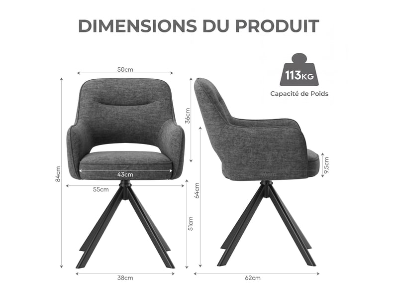  Lot 4 chaise pivotante premium avec demi-accoudoirs - base métallique haute stabilité - gris  - Conforama C