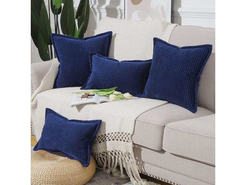  Lot de 2 housses de coussin en velours côtelé rayé boho housse de coussin douce pour canapé chambre à coucher bleu foncé 45 x 45 cm  - Conforama C