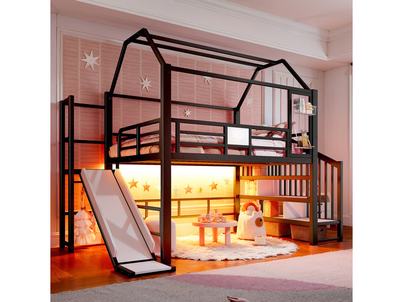  Lit mezzanine enfant 2 places 140x200 cm lit cabane lit double en métal avec toboggan escalier de rangement éclairage led, noir  - Conforama C
