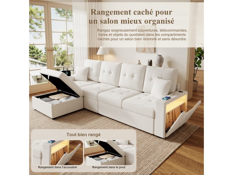  Canapé modulable 4 places beige en tissu 253 x 144,5 x 80,7 cm avec pouf coffre, rangements, usb-c et led salon ZR20634B - Conforama D