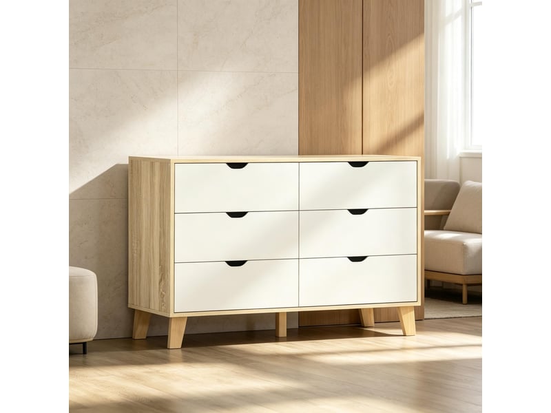  Commode de rangement à 6 tiroirs, avec plateau et pied central, pour chambre, panneaux de particules, blanc et chêne  - Conforama C