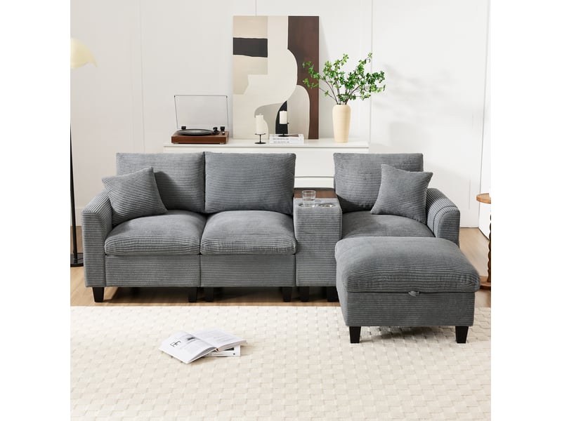 Canapé d'angle modenvie modulable 4 places en velours côtelé gris avec console usb et pouf de rangement - Conforama E