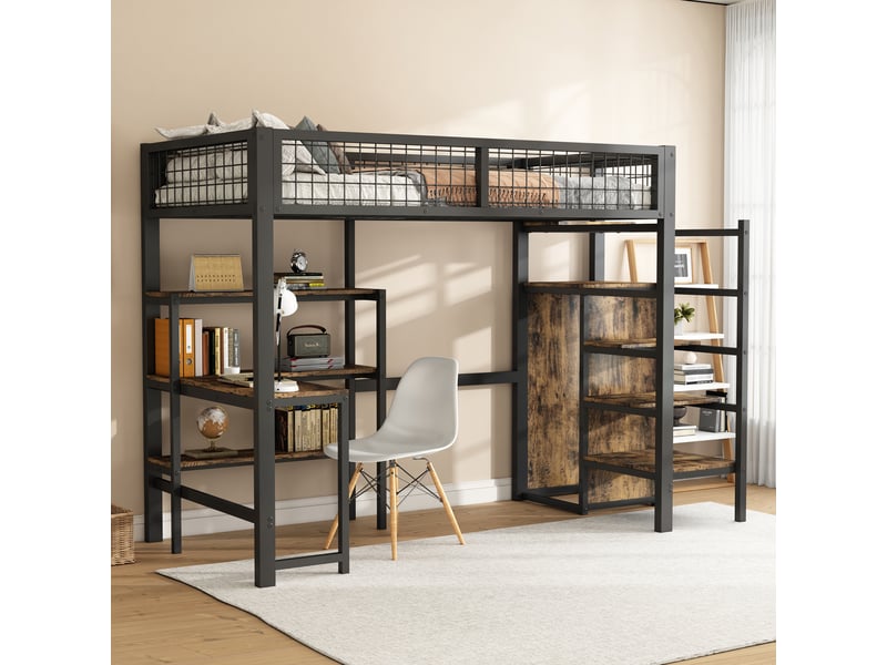  Lit mezzanine enfant 90 x 200 cm - lit simple avec bureau et placard de rangement - cadre métallique stable et sécurisé - sans matelas - noir  - Conforama D