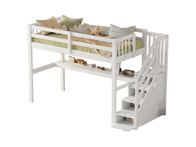  Lit mezzanine enfant 90 x 200 cm blanc avec rangements et bureau  - Conforama A