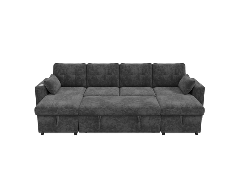  Canapé d'angle en u 4 places 273x131x83 cm avec led, usb et rangement en métal et bois couleur gris, moderne  - Conforama E