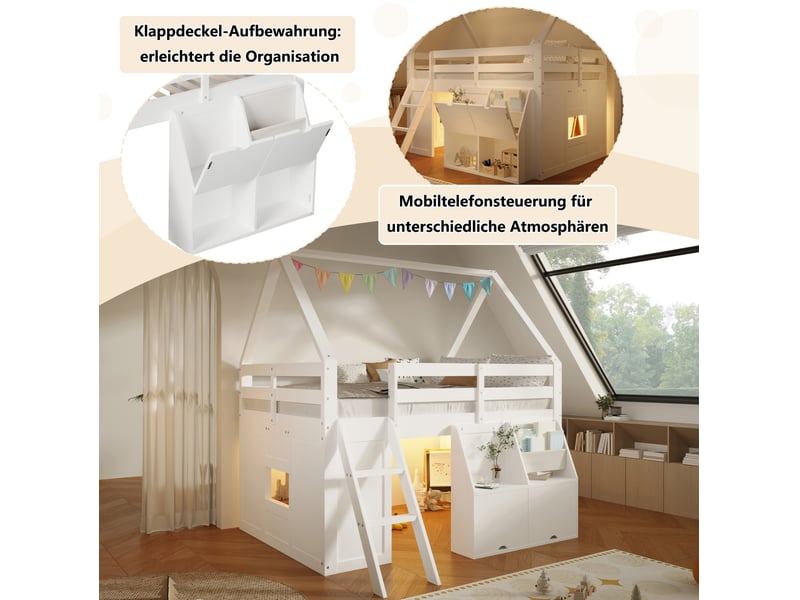 Lit mezzanine 140 × 200 cm avec escalier, led, deux coffres à couvercle et poches de rangement, chambre enfant, blanc - Conforama E