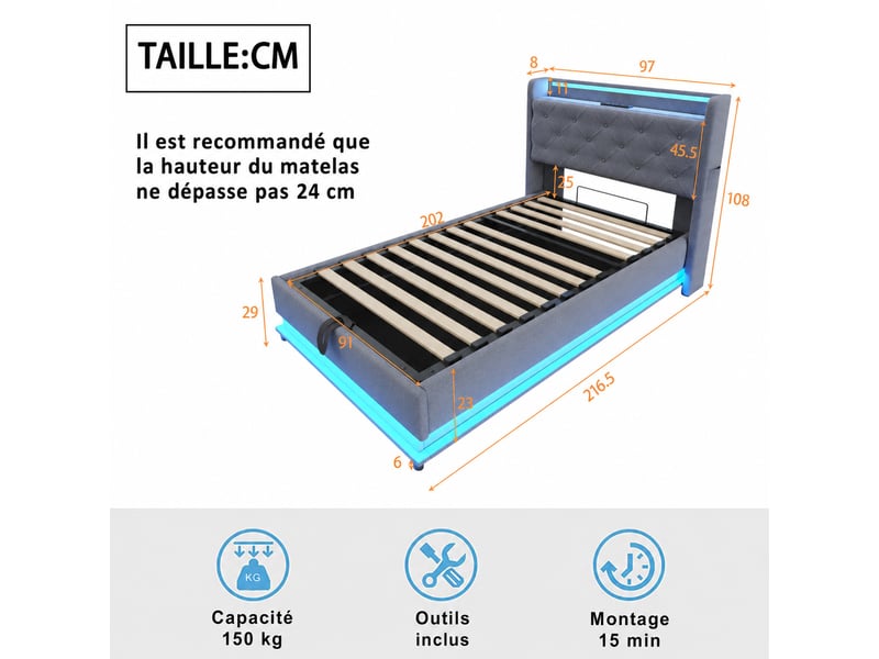  Lit coffre simple 90×200 cm en tissu gris avec led, 3 usb, type-c et rangements, matelas non précisé  - Conforama D