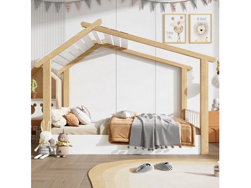  Lit enfant 90x190 cm forme maison en bois blanc et coloris naturel  - Conforama D