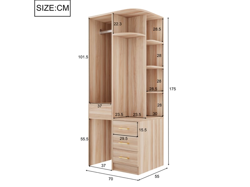  Armoire de rangement ouverte avec tringle, étagères et tiroirs pour chambre en mdf couleur bois 70 × 55 × 175 cm  - Conforama C