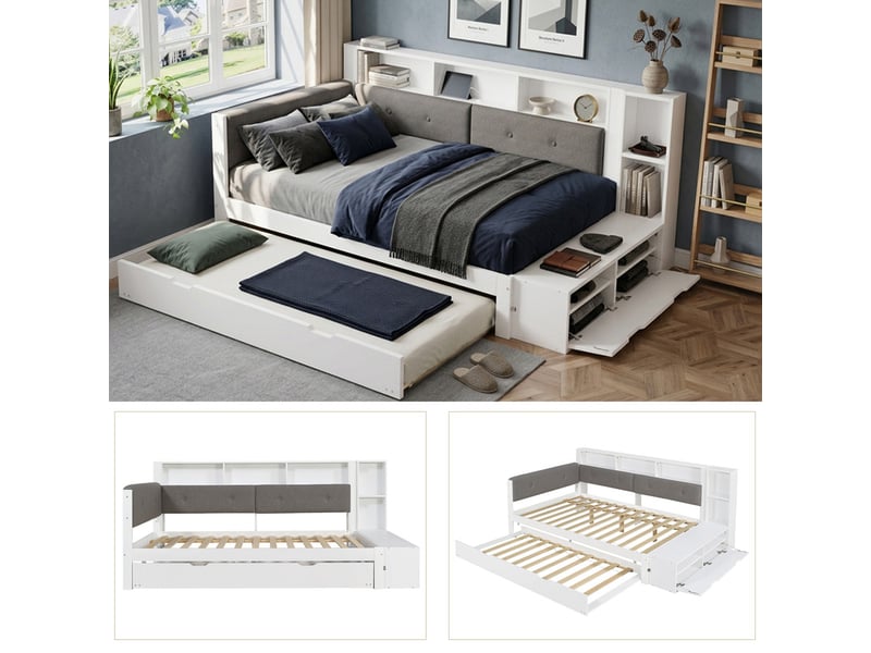  Lit enfant 120x200cm avec lit gigogne 90x190cm, rangements, charge, tête capitonnée, étagères et banc chaussures, blanc  - Conforama D