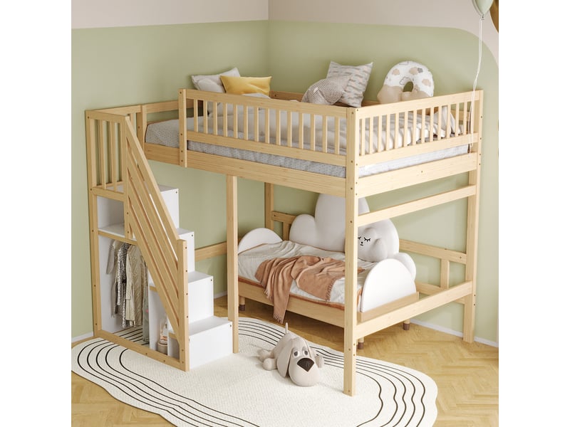  Lit mezzanine enfant 140x200 cm avec escalier de rangement coloris bois naturel  - Conforama E