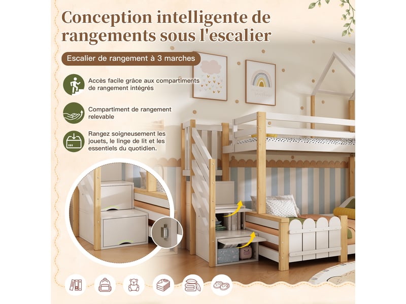  Lit superposé cabane 90x200 + 140x200 cm, escalier avec rangement, toit, bibliothèque intégrée, sommiers à lattes inclus, bois, blanc et bois naturel Luxe haut de gamme - Conforama R