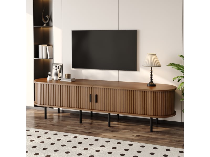  Meuble tv vintage noyer 170 cm à portes coulissantes et 2 niches ouvertes, meuble tv aspect bois à pieds métalliques et coins arrondis, pour salon Bubbly - Conforama D