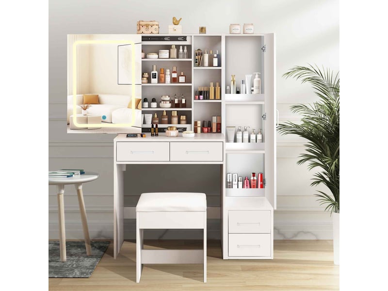  Blanc coiffeuse avec miroir led coulissant, meuble de maquillage avec 4 tiroirs et 1 armoire, table de toilette moderne avec tabouret  - Conforama B