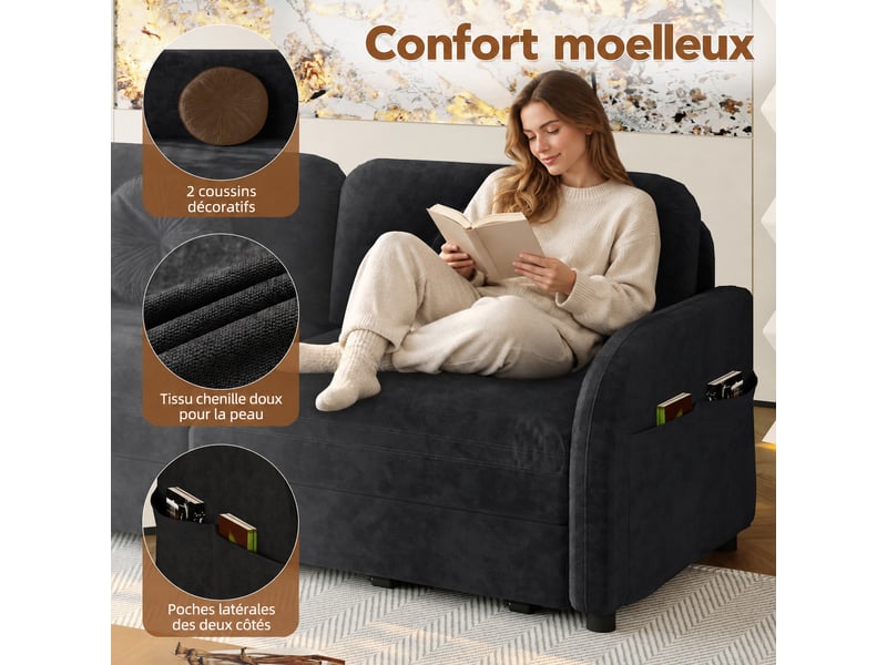  Canapé-lit 2 places convertible en chenille, 3-en-1 avec dossiers réglable et rangement latéral - noir - 166 x 84 x 90 cm  - Conforama E
