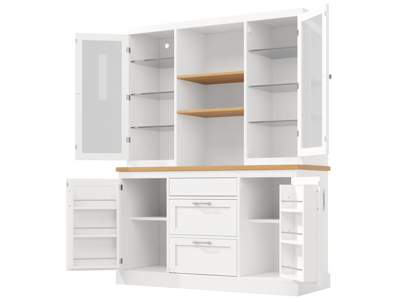 Buffet de cuisine led 140x40x185 cm, 3 tiroirs 4 portes, étagères réglables, plan de travail, mdf blanc - Conforama D