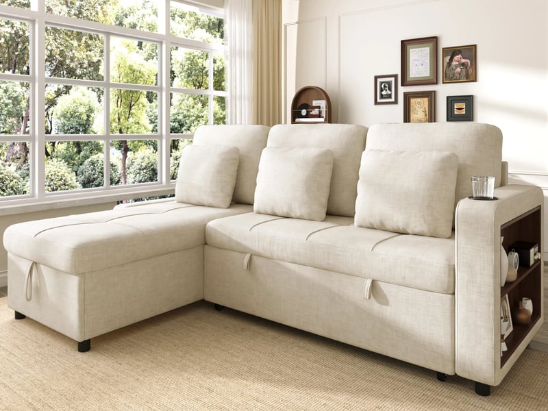  Canapé d'angle convertible,3 places, avec couchage et espace de rangement,201×126×86 cm,beige  - Conforama B