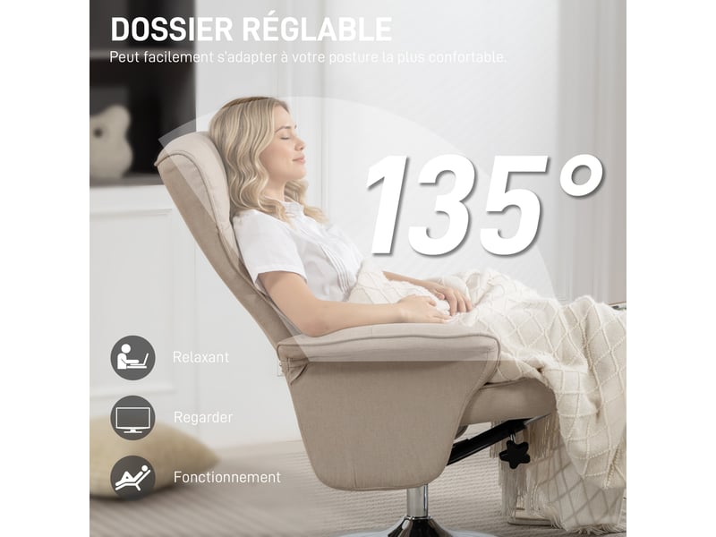  Fauteuil relax inclinable 135° pivotant avec repose-pieds en tissu beige  - Conforama D