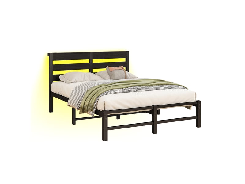 Cadre de lit, lit double 120x200 cm, rangement intégré, led, usb, métal et bois noir, sans matelas - Conforama B
