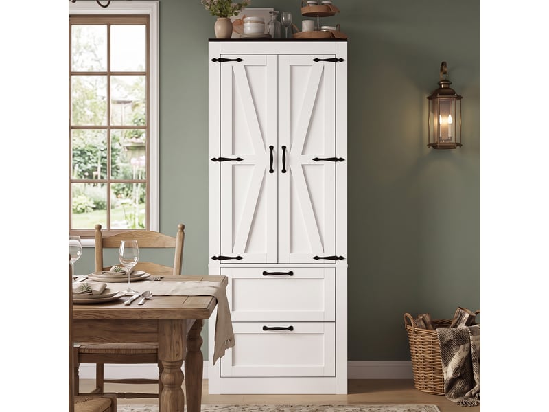  Colonne de cuisine 60×30×168 cm, armoire haute blanche style campagne avec étagères réglables, 2 portes et 2 tiroirs  - Conforama D