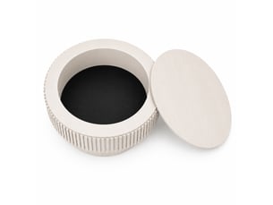 Table basse ronde 75 cm – blanc crème – coffre caché, design moderne avec rangement discret pour salon ou bureau