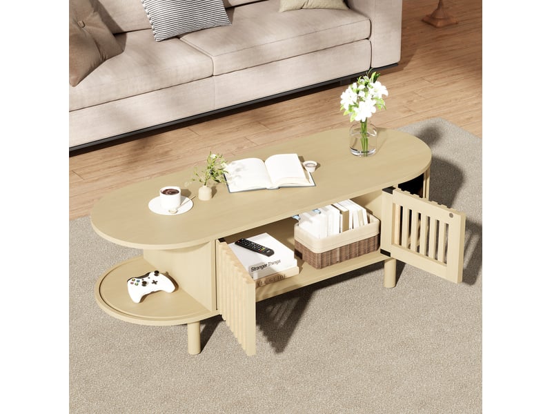  Table basse ovale 100x40x38 cm avec portes à lamelles et porte coulissante mdf et bois couleur naturelle  - Conforama D