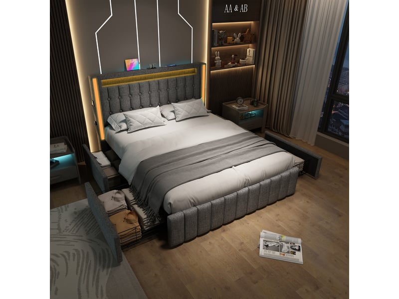  Lit rembourré 160x200cm avec usb-c, led et 4 tiroirs, lit double avec matelas, gris, cadre en lin robuste  - Conforama E
