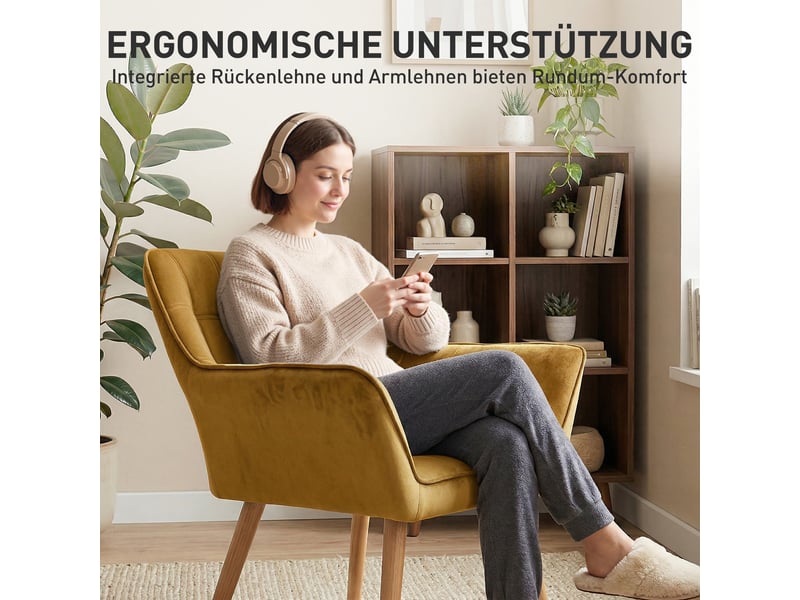  Fauteuil rembourré effet velours pieds bois d'hévéa jaune 67 x 61,5 x 71 cm  - Conforama E