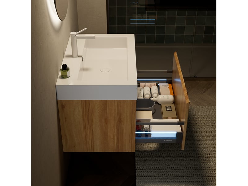 Meuble sous vasque suspendu avec 1 tiroir et vasque rectangulaire en résine blanche pour salle de bain 70 × 46 × 50 cm - Conforama D