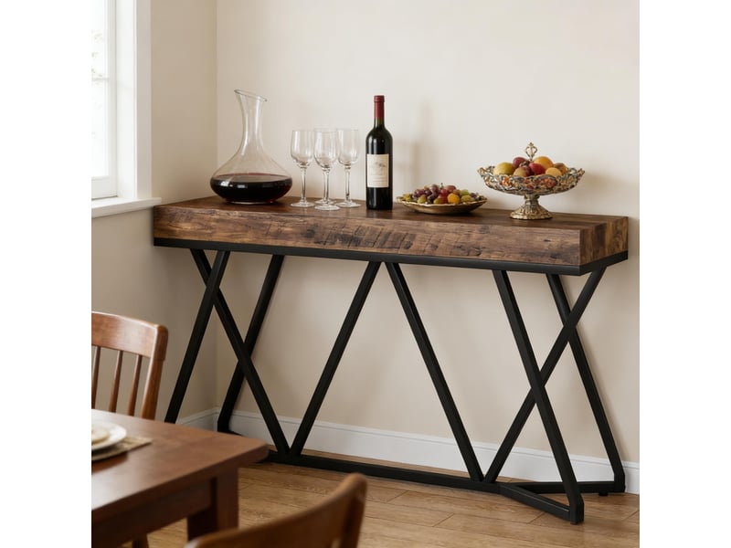  Table console d'entrée en mdf et métal marron rustique et noir 140x30x90 cm  - Conforama E